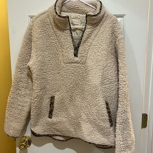Leopard-Trim Sherpa Quarter Zip